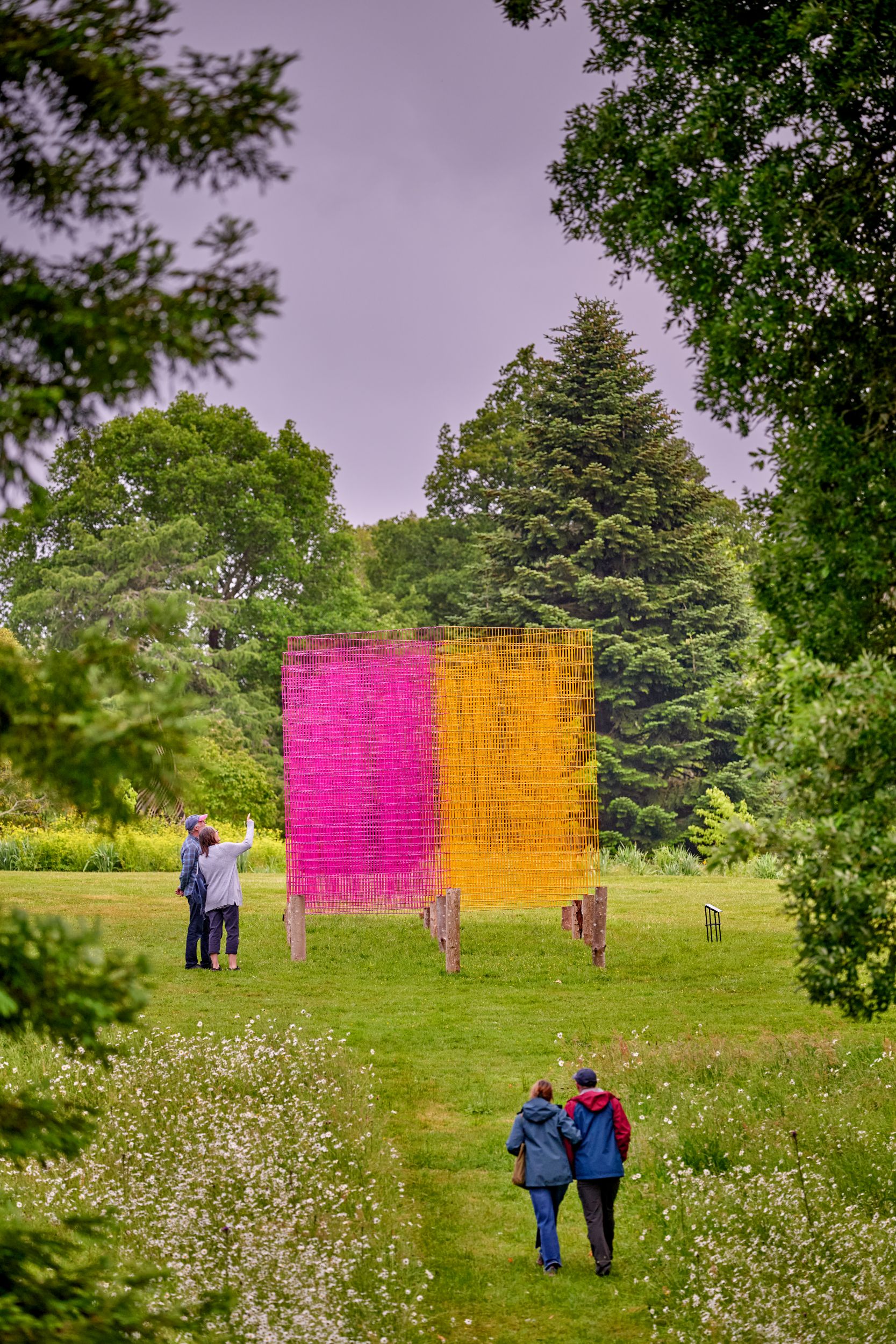 Colourful outdoor art installation in a lush green park