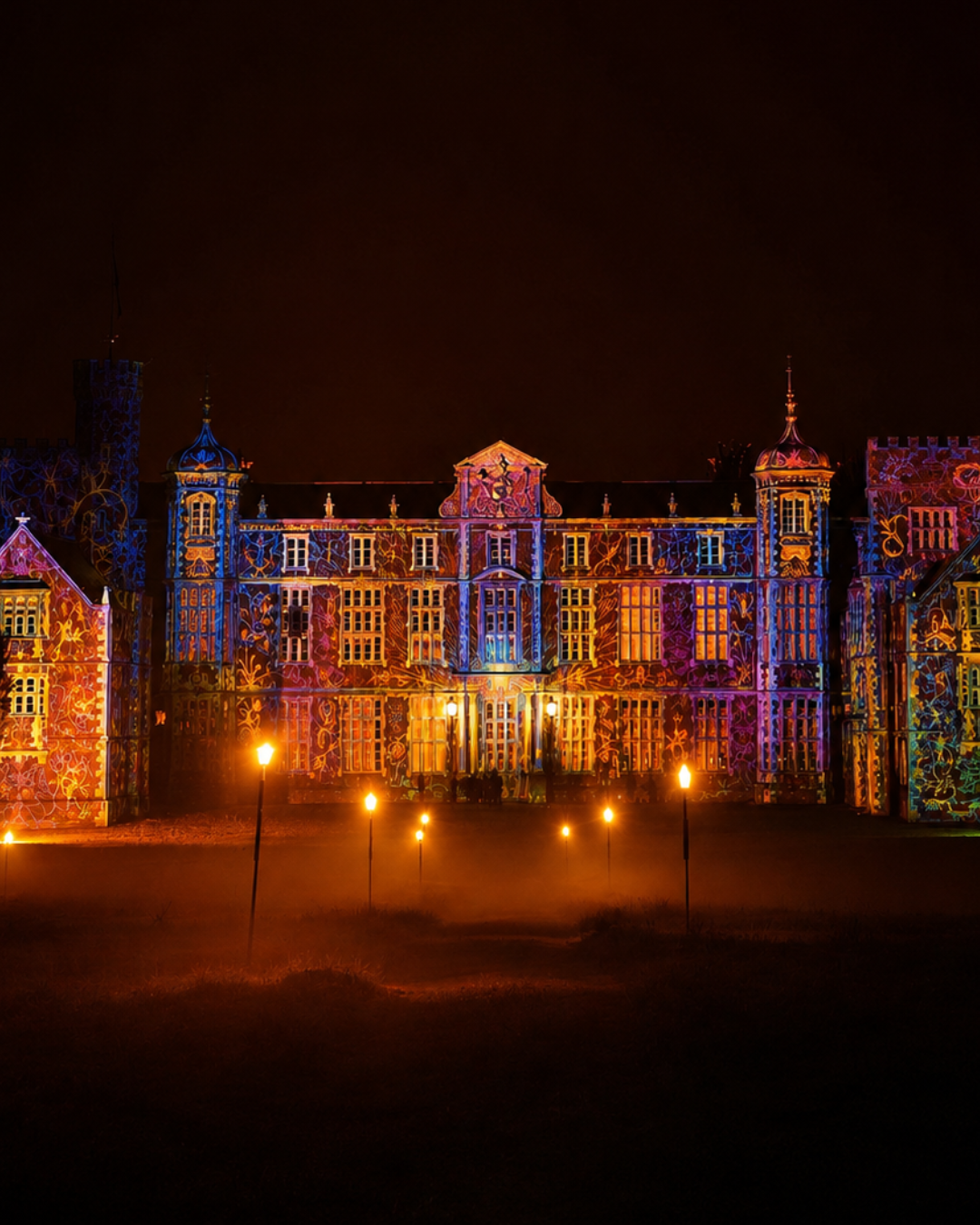 Historic mansion illuminated with colorful light projections
