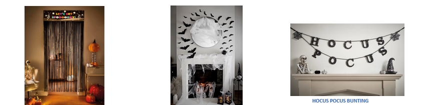 Halloween-themed interiors with bunting and spooky decor