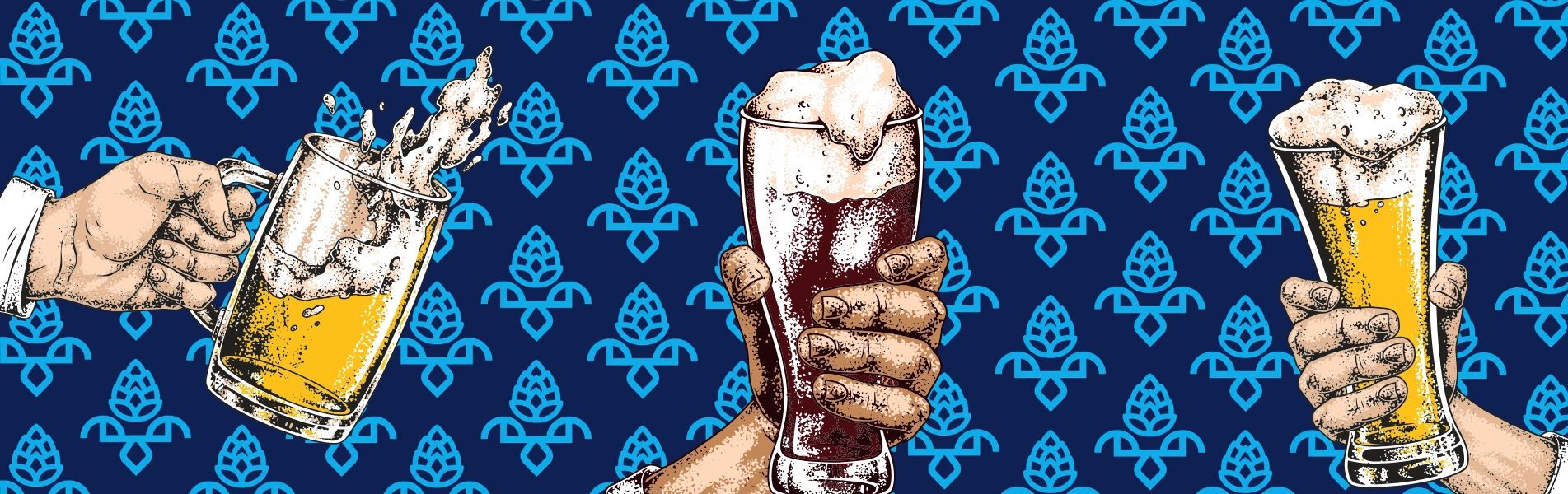 Illustrated hands holding various beer glasses with foam