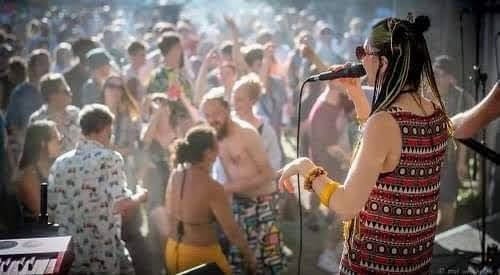 Singer performing at lively outdoor festival crowd
