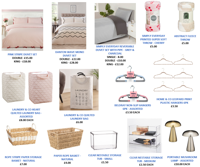 Collage of home textiles and storage items including bedding, baskets, and hangers
