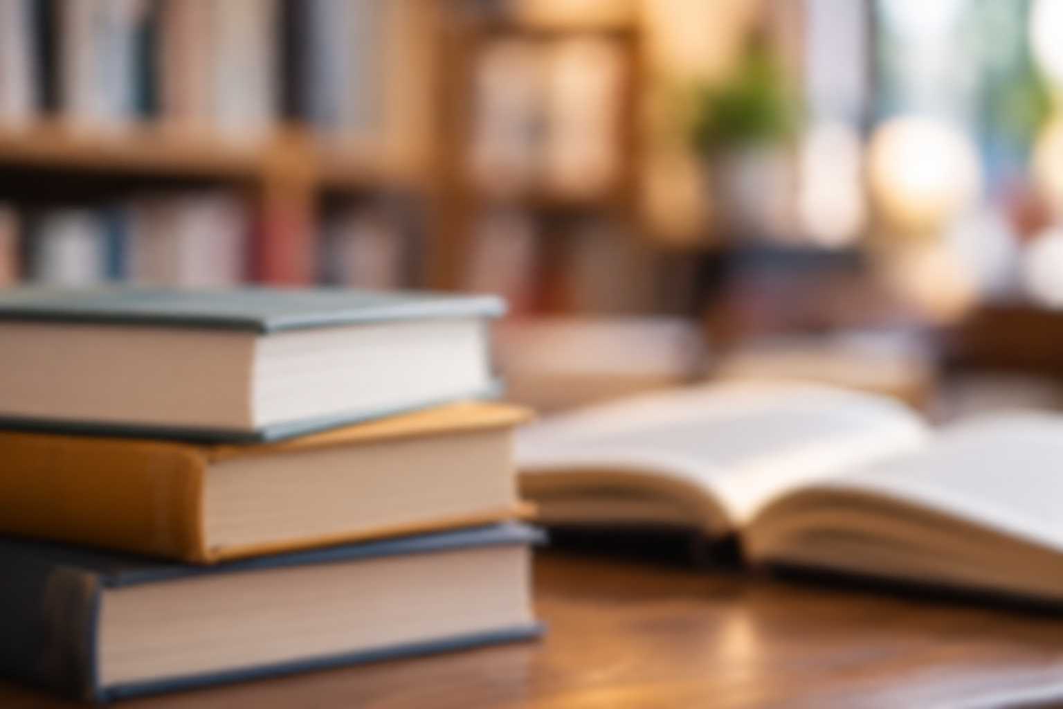Stack of books on wooden table in cosy library setting