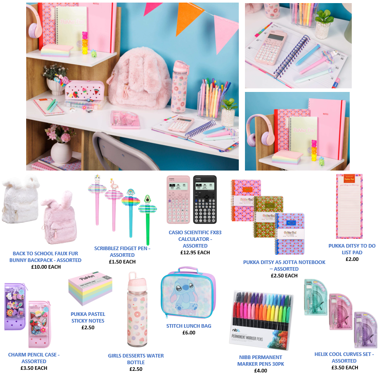 Colourful stationery display on a wooden shelf with notebooks and pens