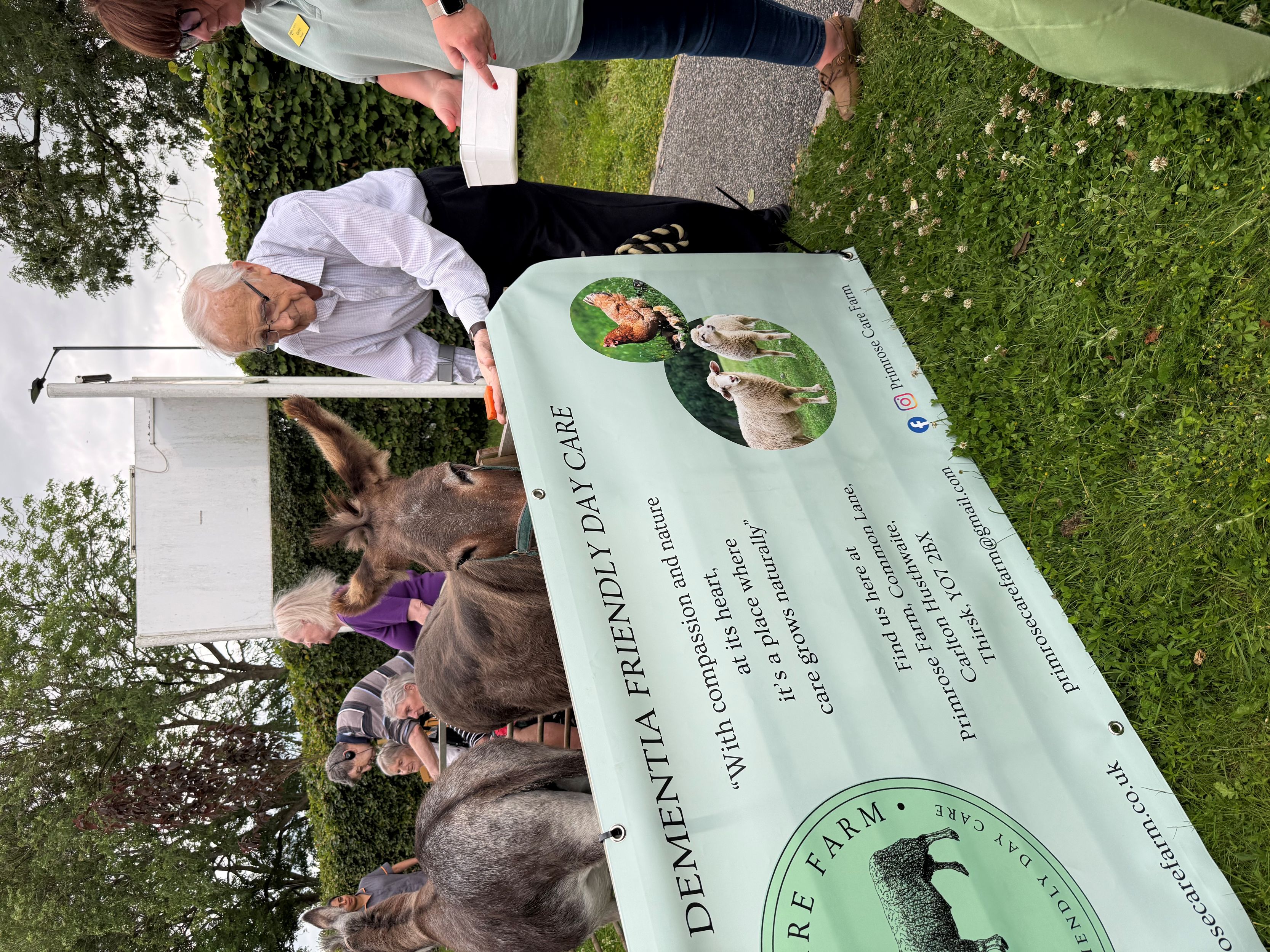 Elderly man petting donkeys at a dementia care farm event