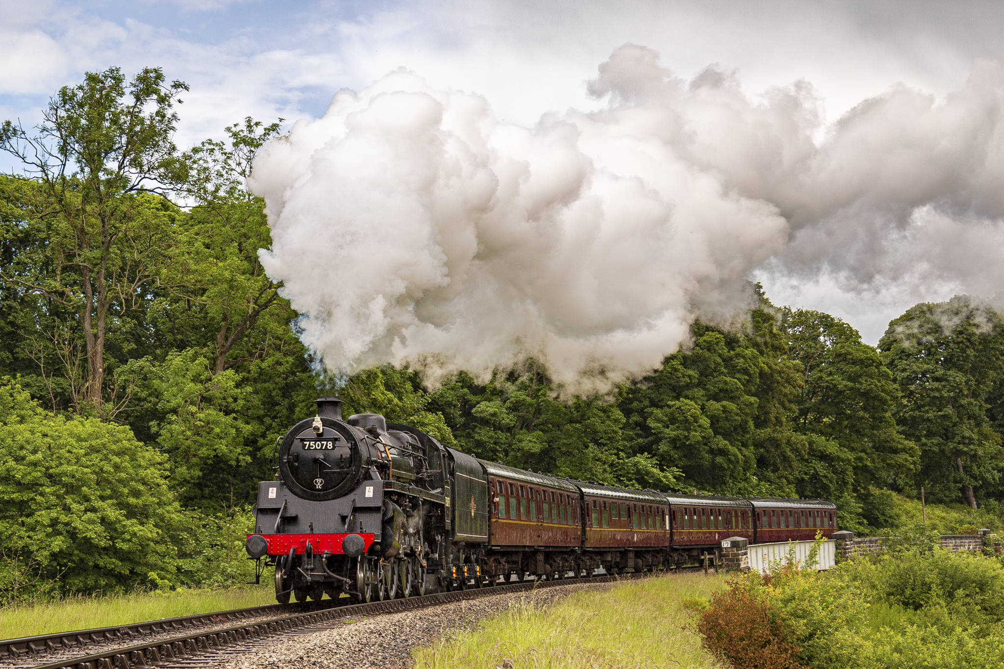 Steam train passing through lush green Yorkshire countryside