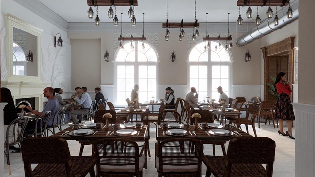 Cosy cafe with wicker chairs and large arched windows