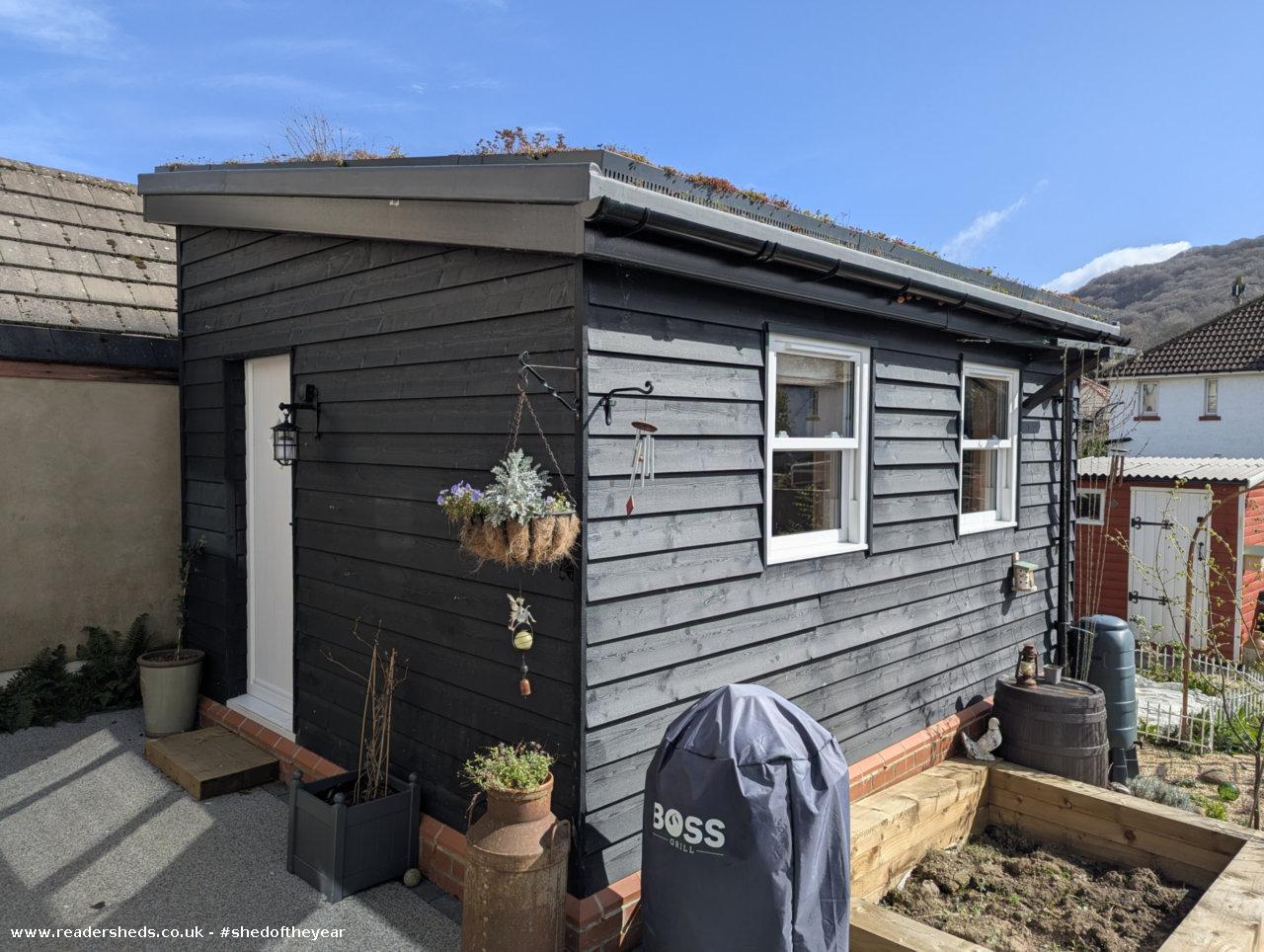 Charming black wooden garden shed with potted plants
