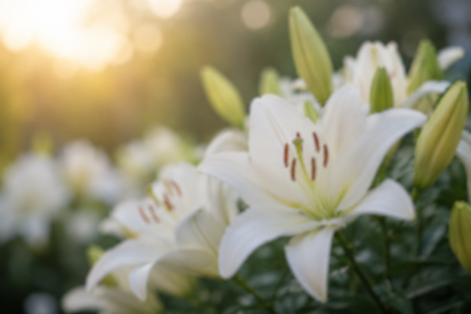 White lilies blooming in a sunlit Yorkshire garden