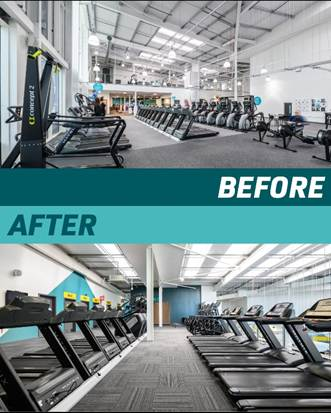 Modern indoor gym with rows of treadmills and bright lighting