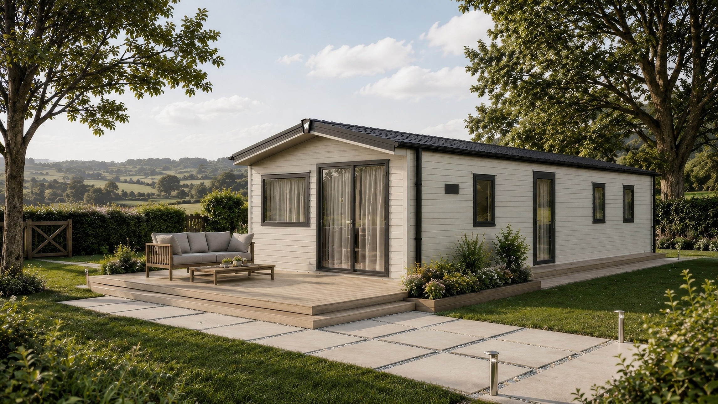 Cosy white holiday cabin with deck in lush Yorkshire countryside