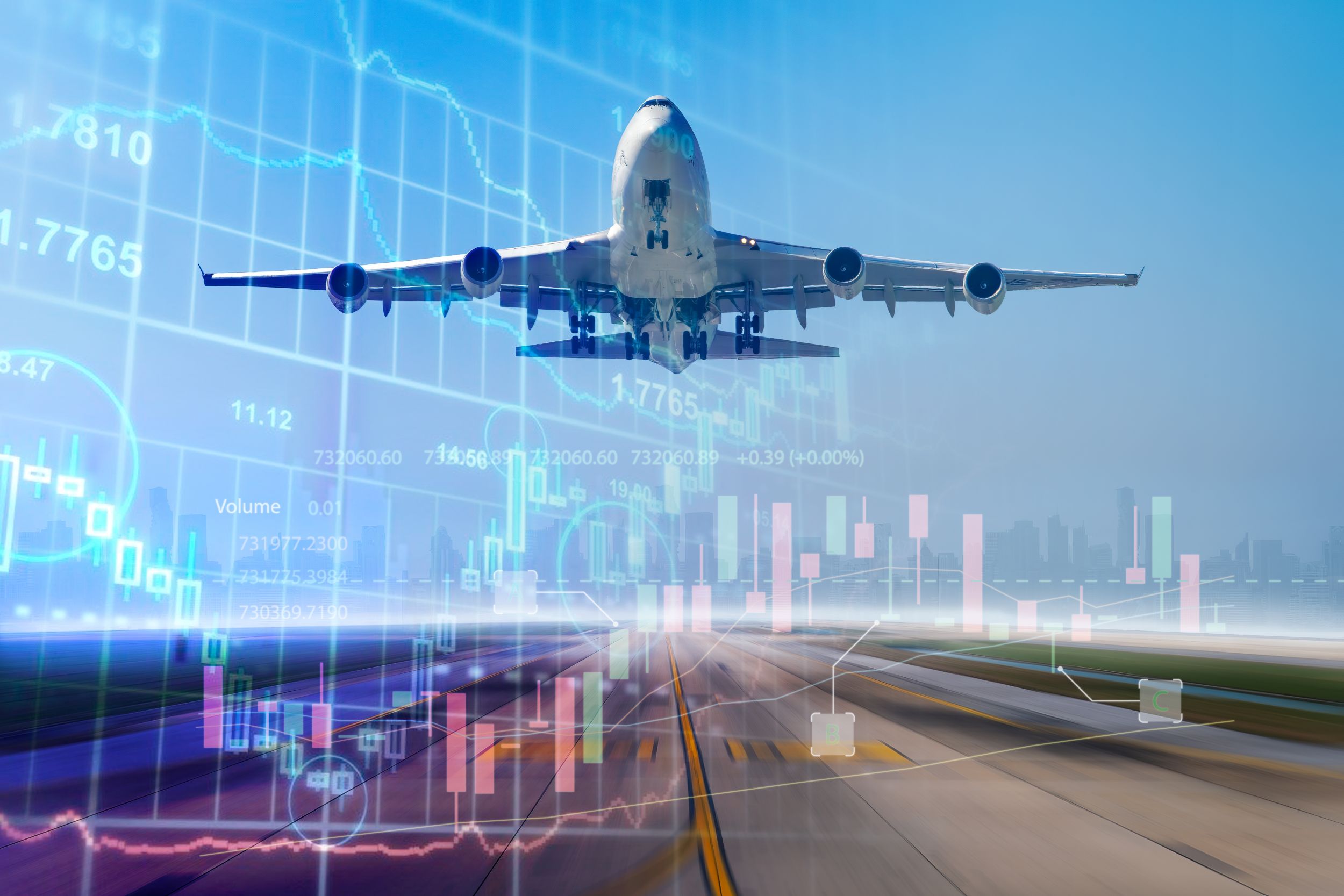 Jet plane taking off with city skyline and stock charts