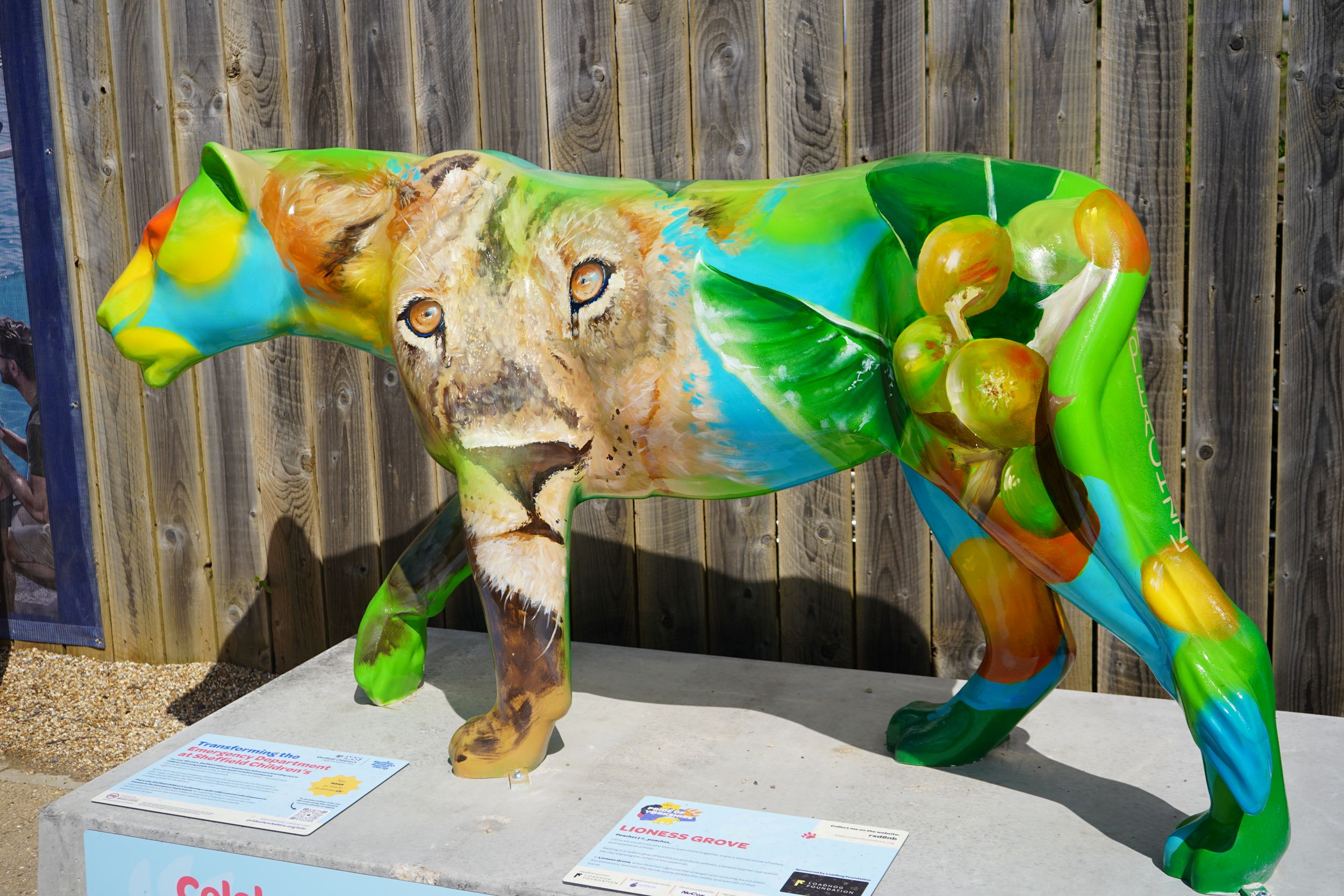 Colorful lion sculpture with nature motifs in front of wooden fence