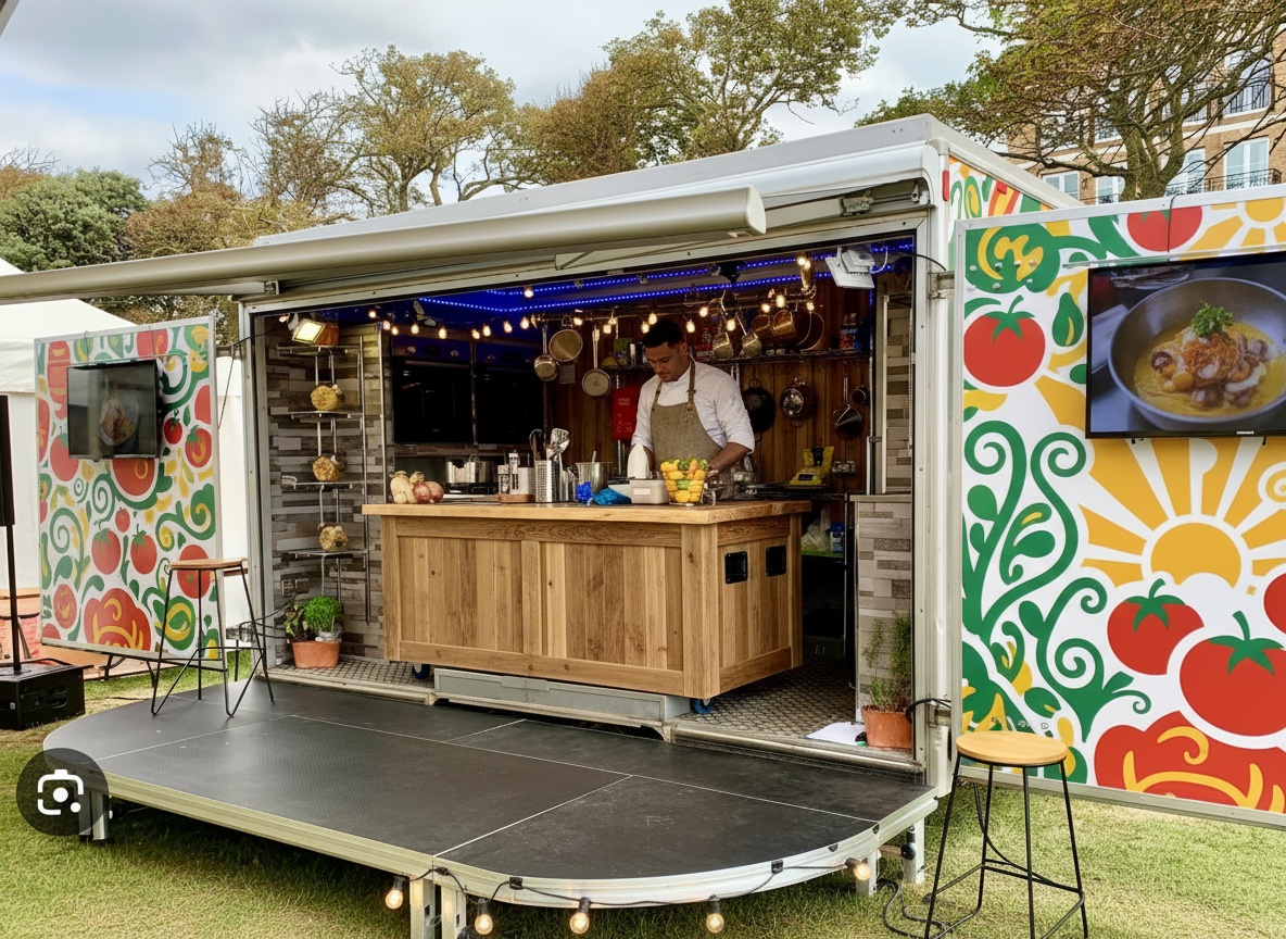 Mobile food stall with chef preparing dishes, surrounded by colourful decor