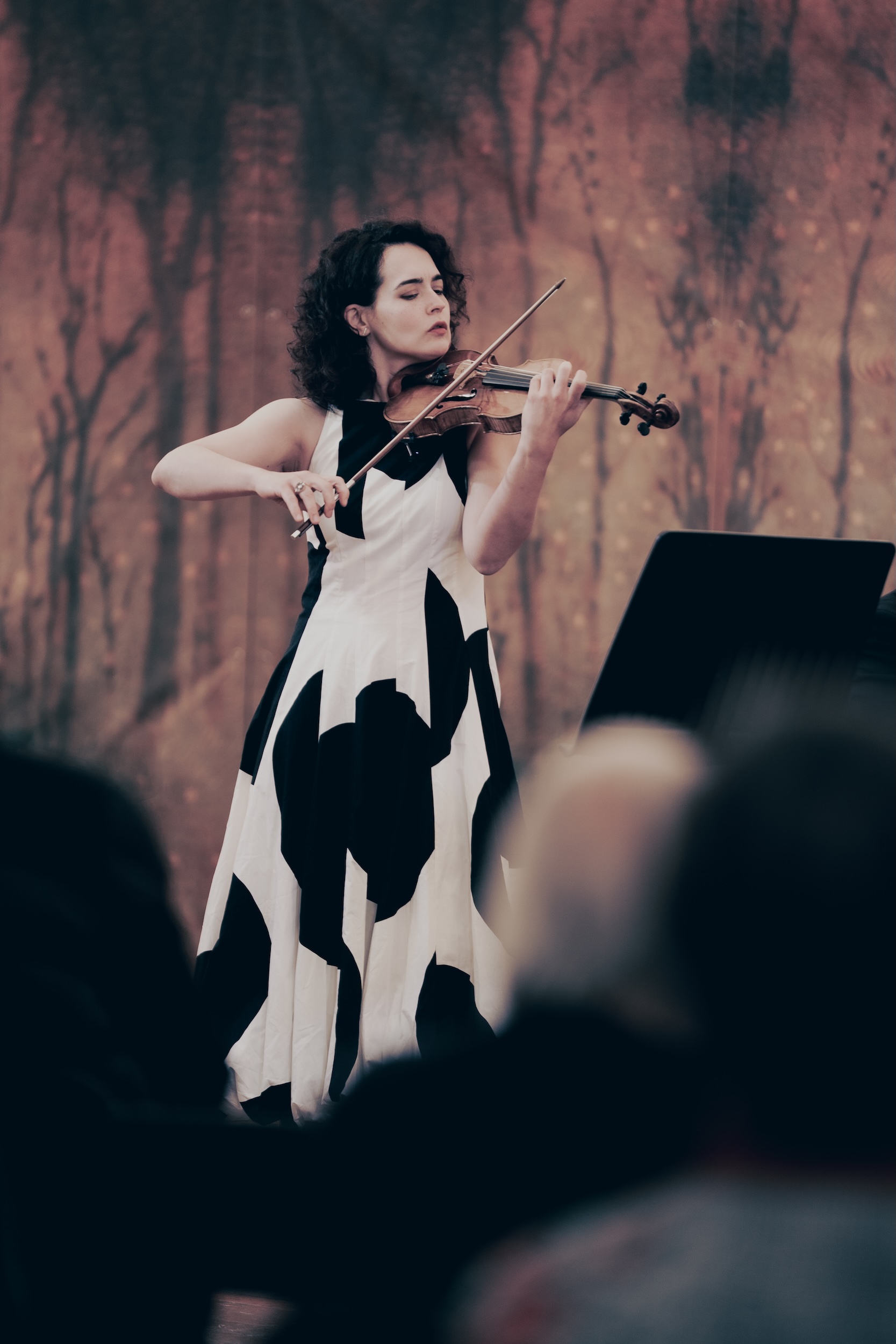Violinist in black and white dress performing on stage