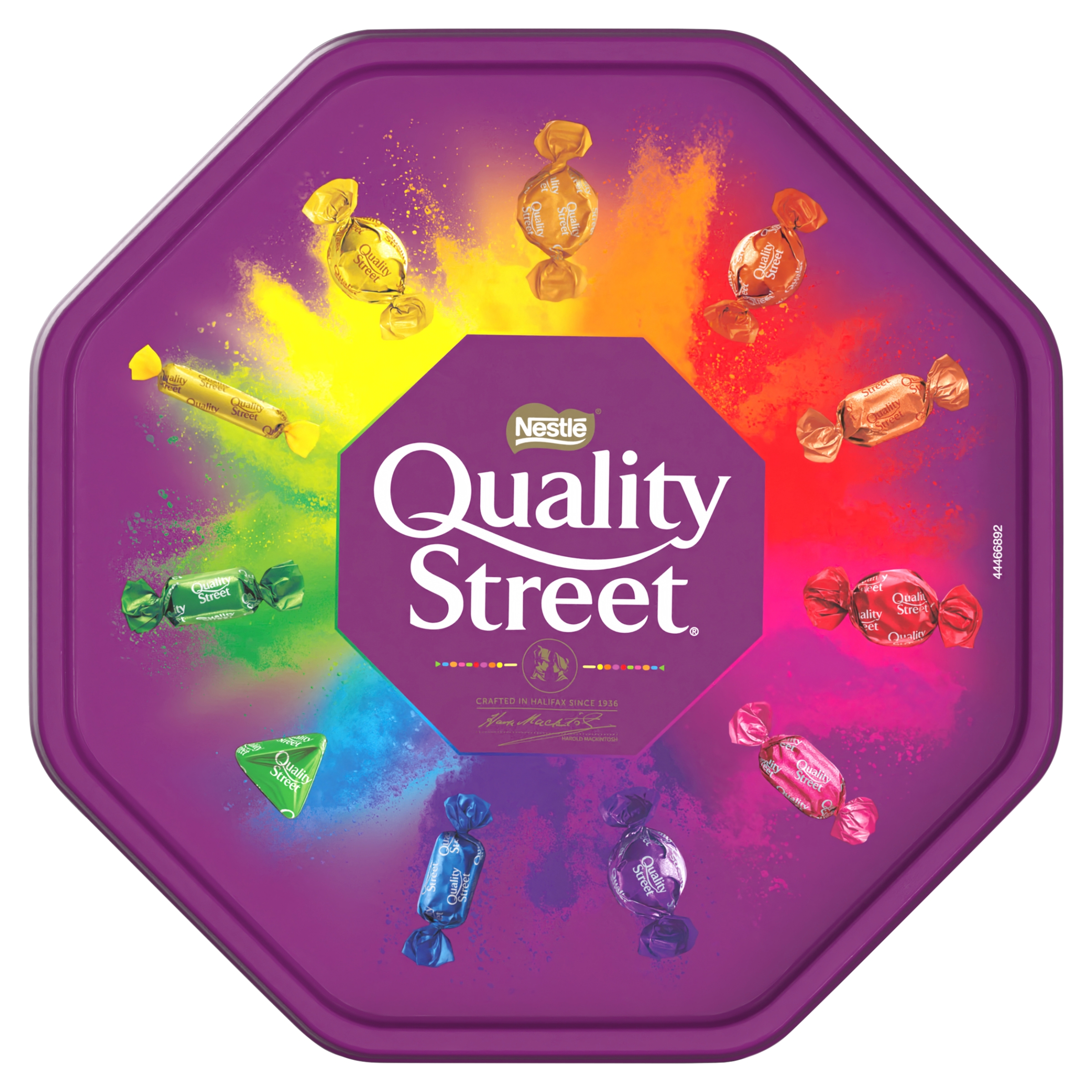 Colourful octagonal tin of Quality Street chocolates