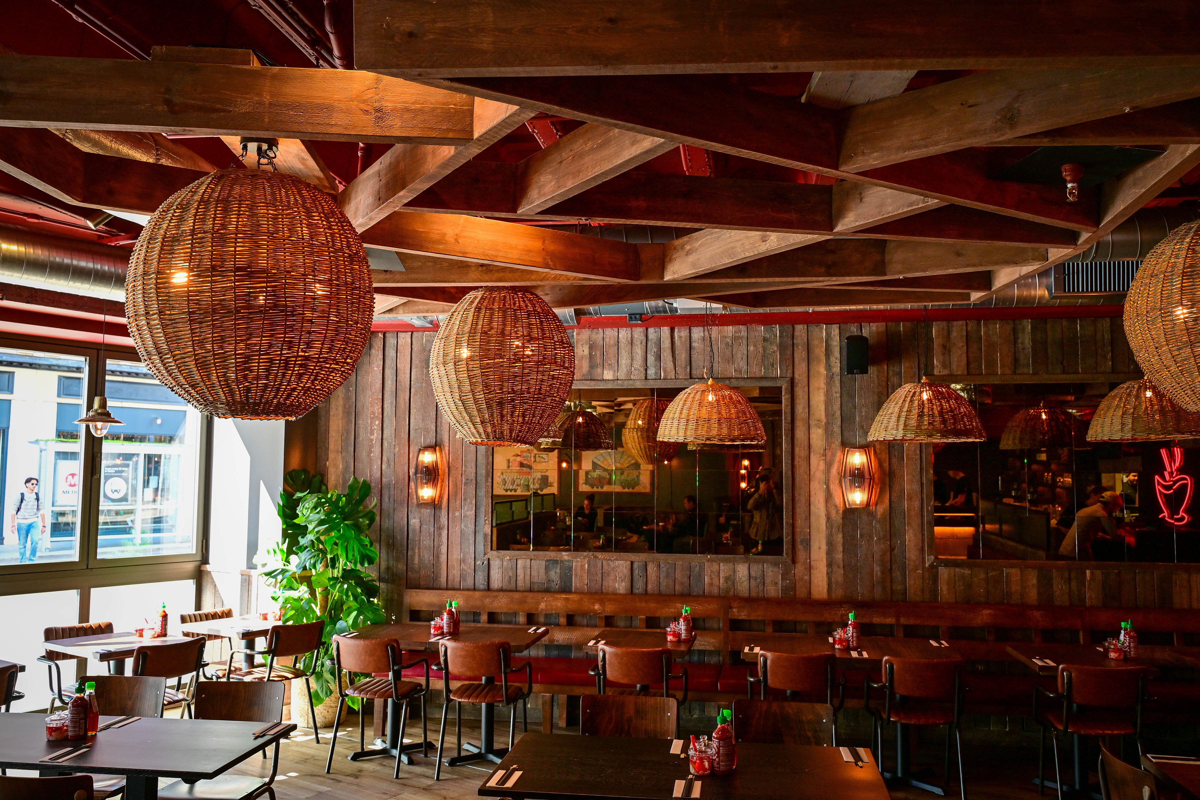 Cosy Yorkshire pub with wooden beams and wicker lighting