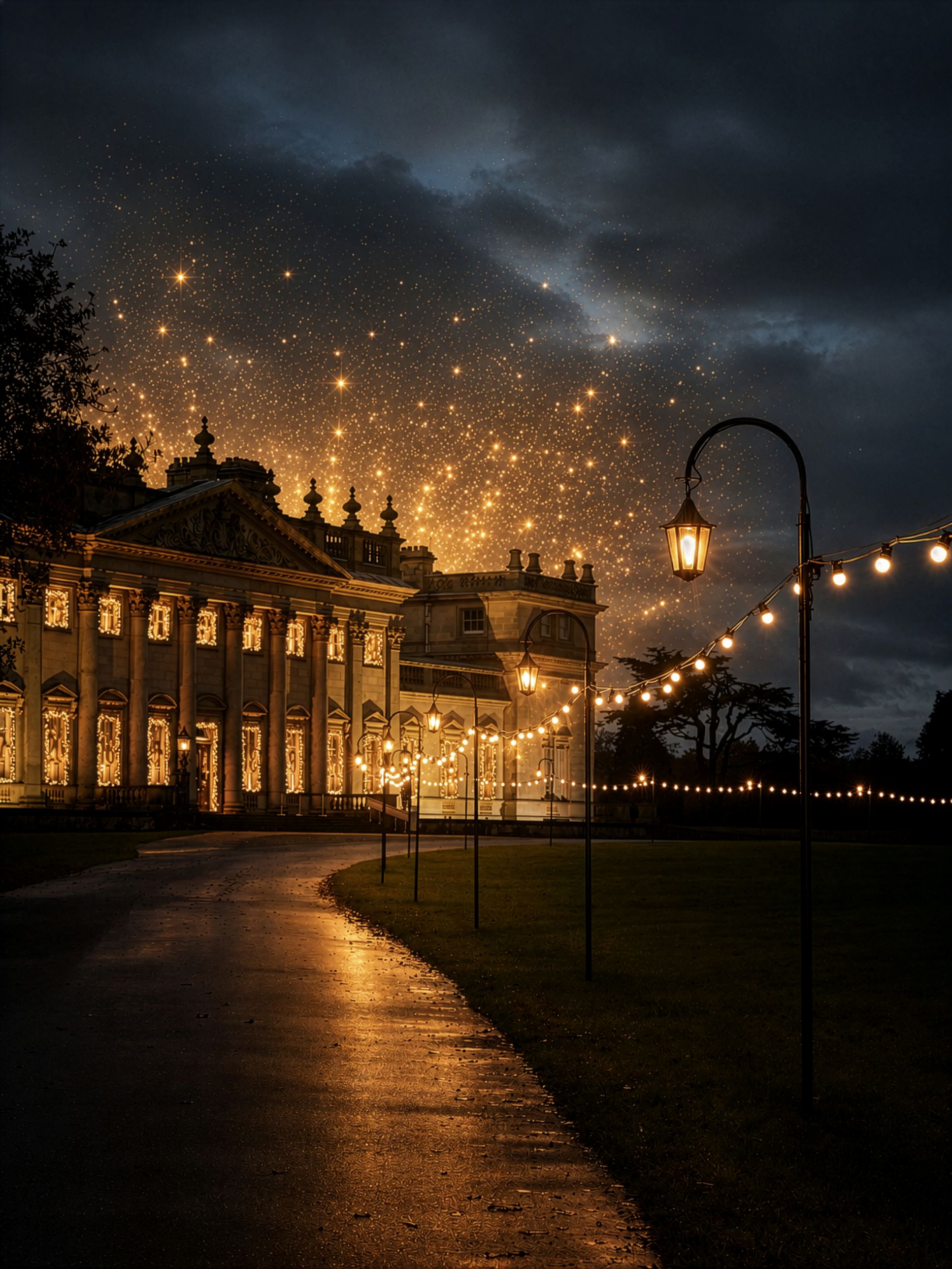 Illuminated stately home with string lights at dusk