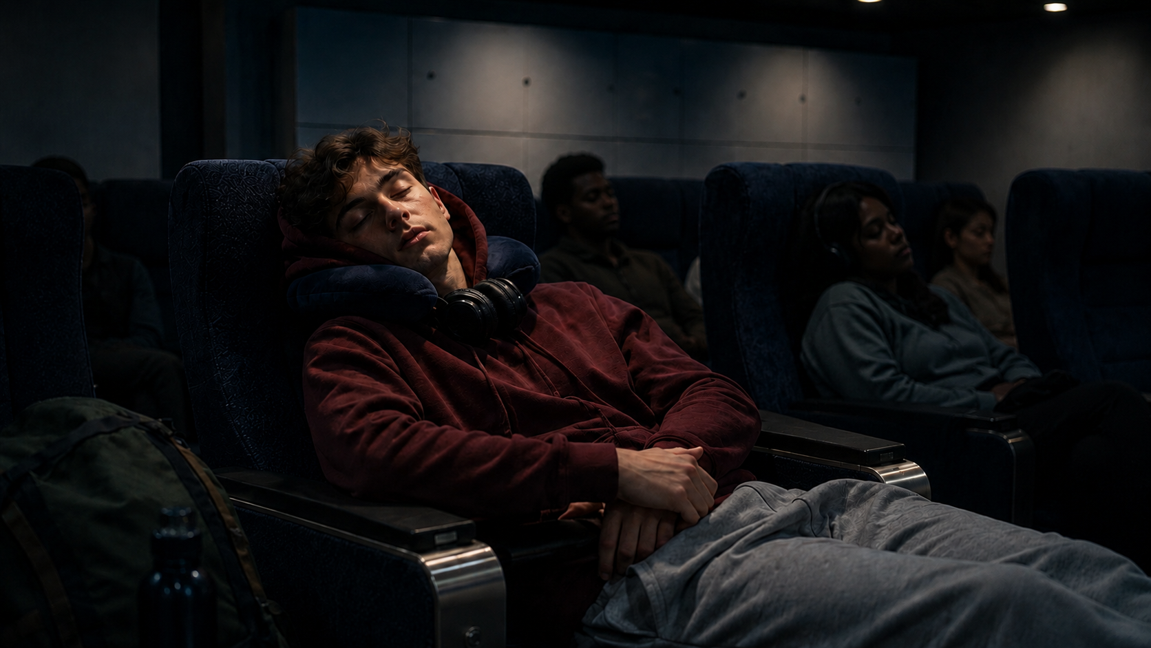 Young man sleeping in a dimly lit train cabin with headphones