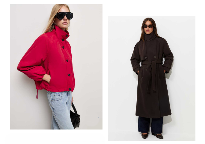 Two women in stylish coats; one in a red jacket, the other in a long dark coat