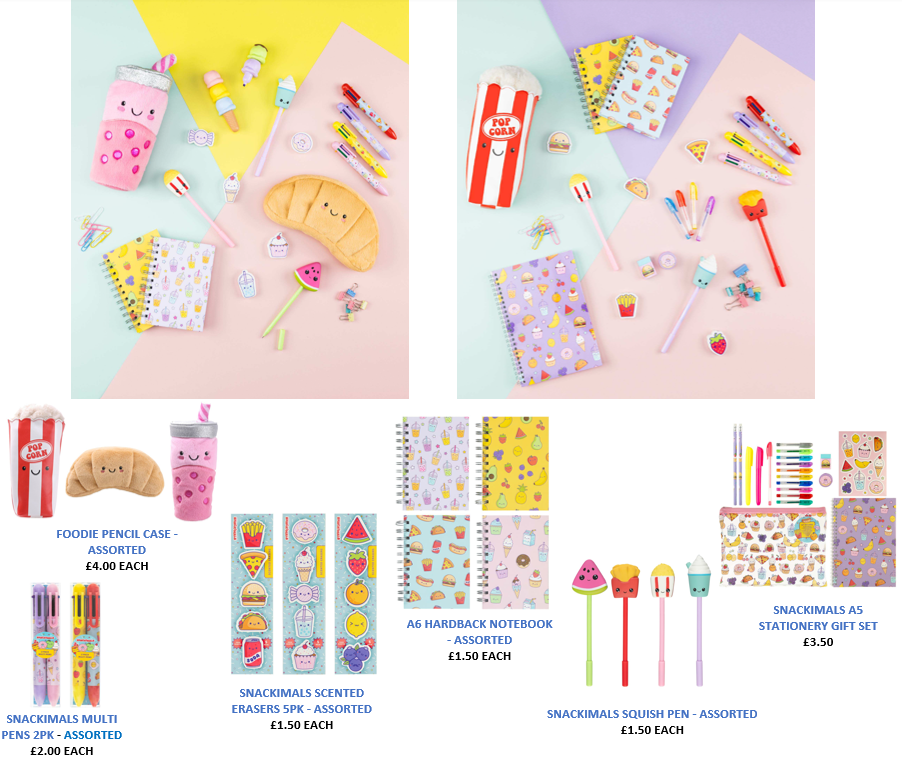 Colourful stationery set with food-themed pens and notebooks