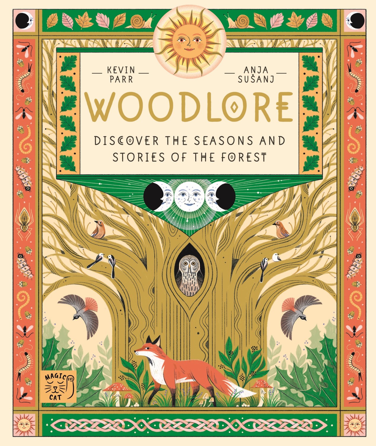 Illustrated book cover with fox, owl, sun, and moon motifs