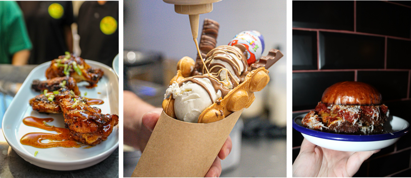 Gourmet dishes including glazed wings, waffle cone sundae, and beef burger