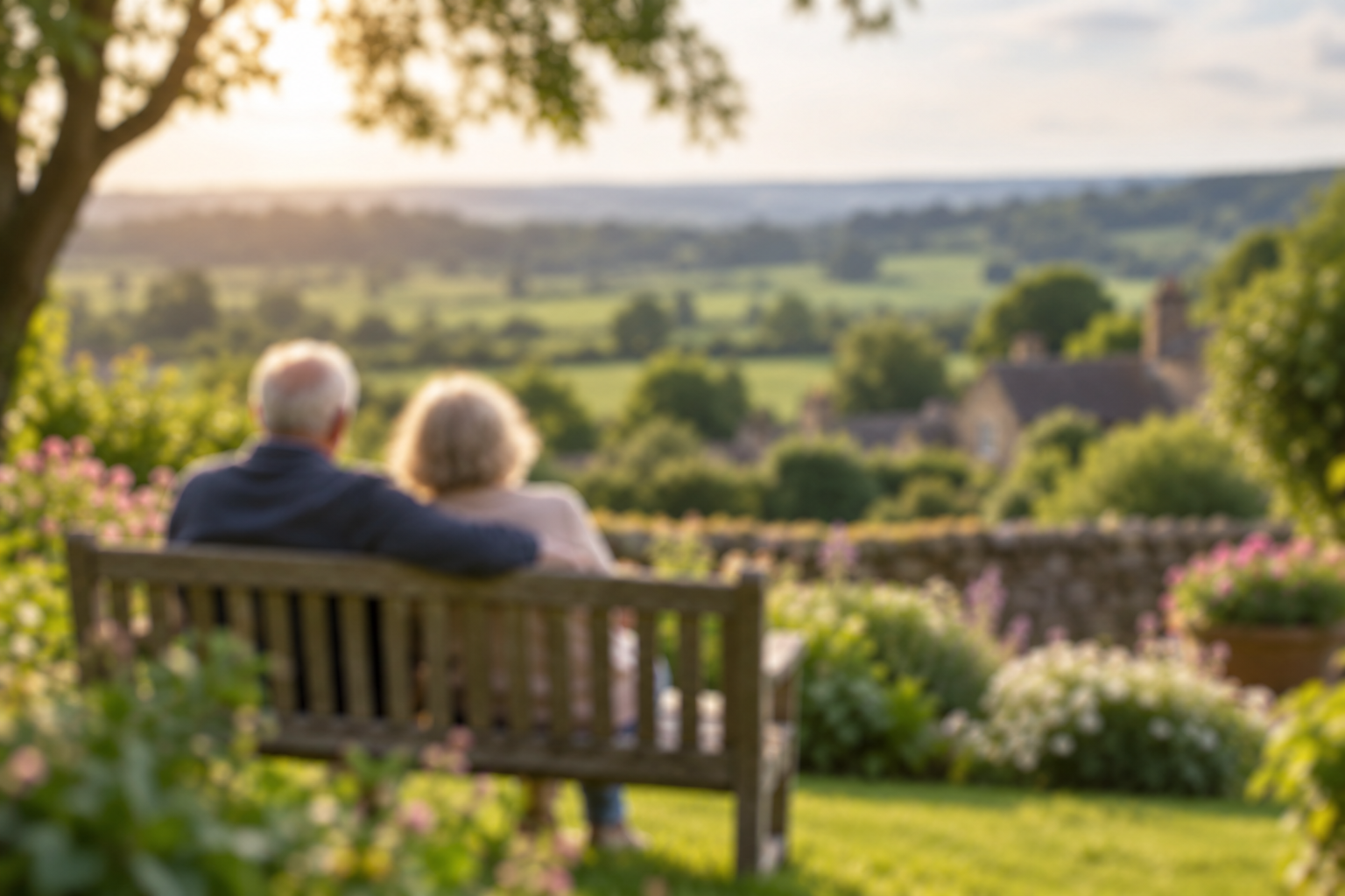 Elderly couple on bench enjoying Yorkshire countryside view