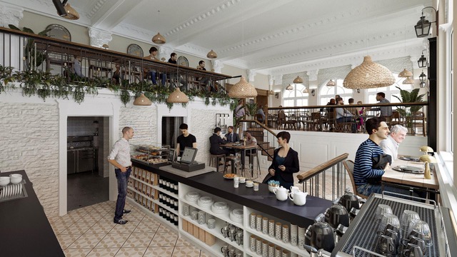 Cosy café interior with mezzanine and large windows