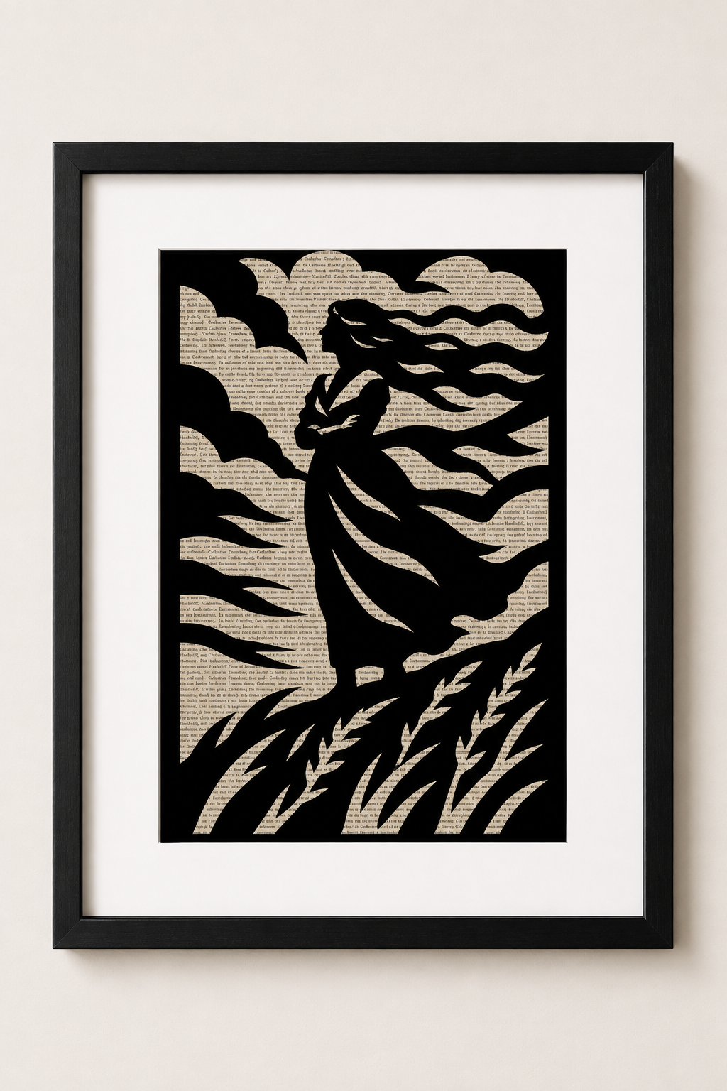 Silhouette of woman with flowing hair on windswept hill