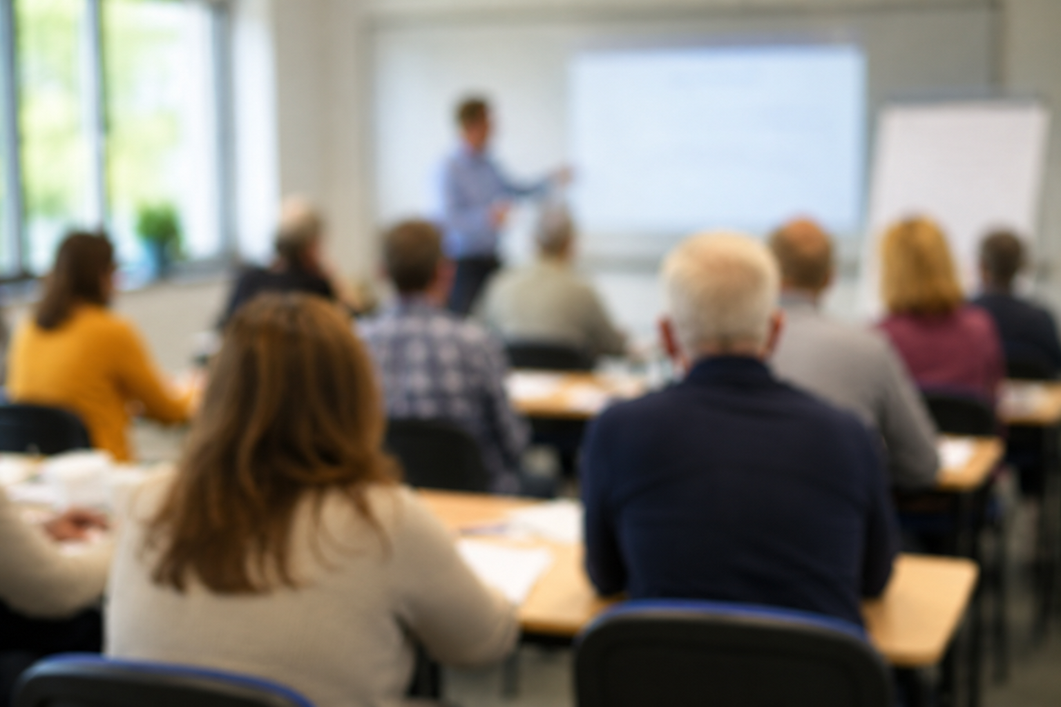 Adult learners in a classroom focusing on a presentation