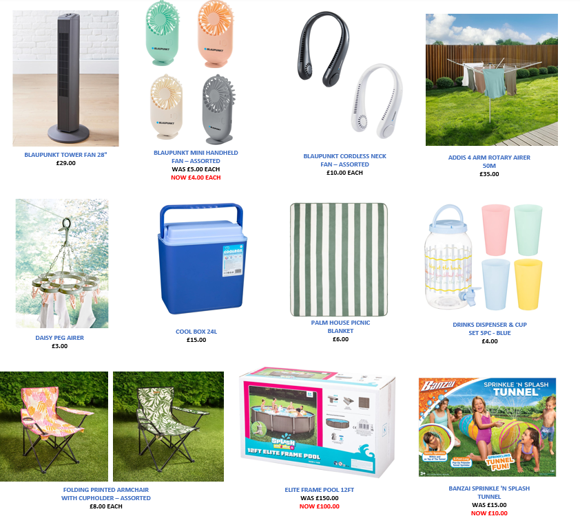 Collage of outdoor and summer products including fans, cool box, picnic blanket, pool, and more