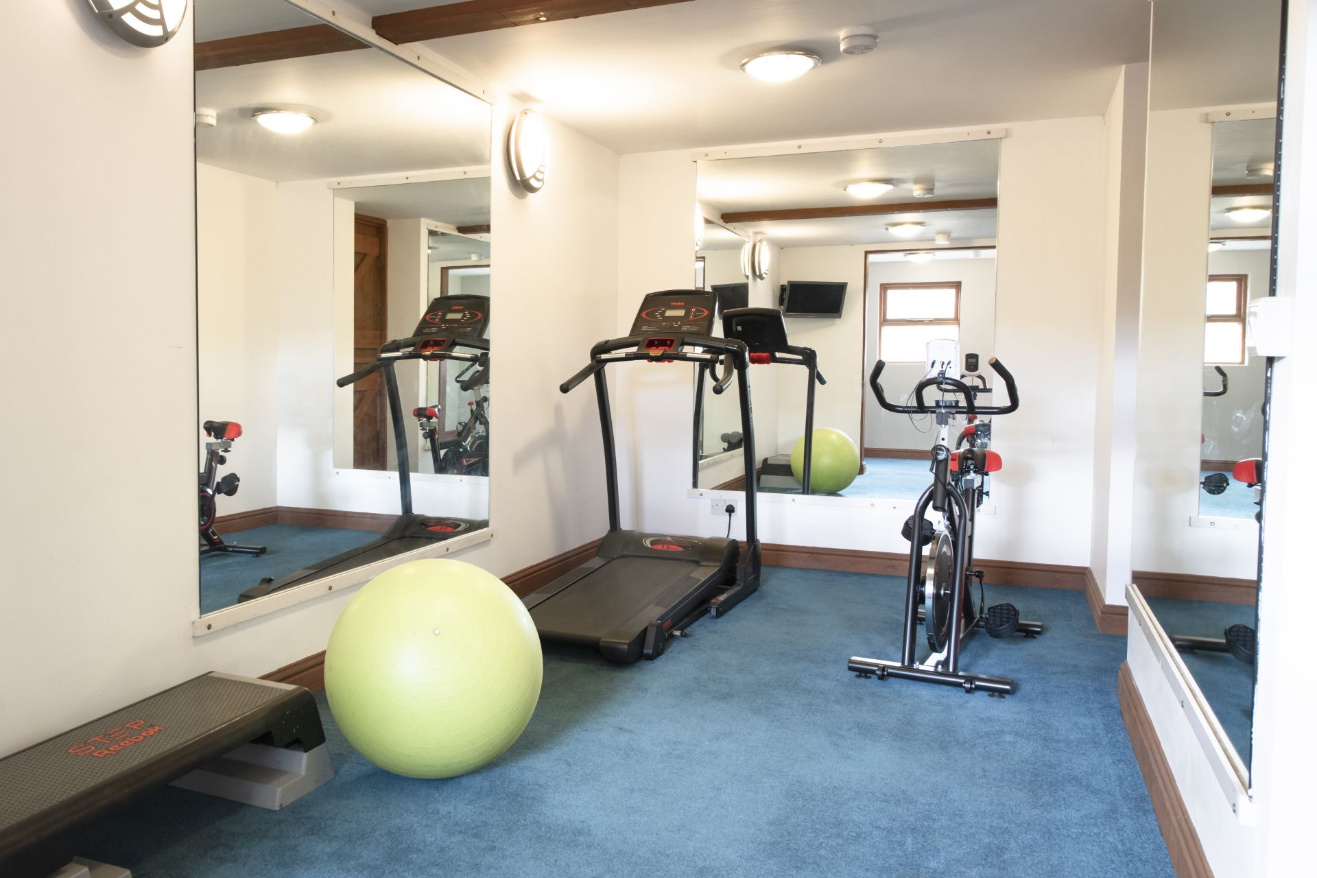 Cozy gym room with treadmill, exercise bike, and mirrors