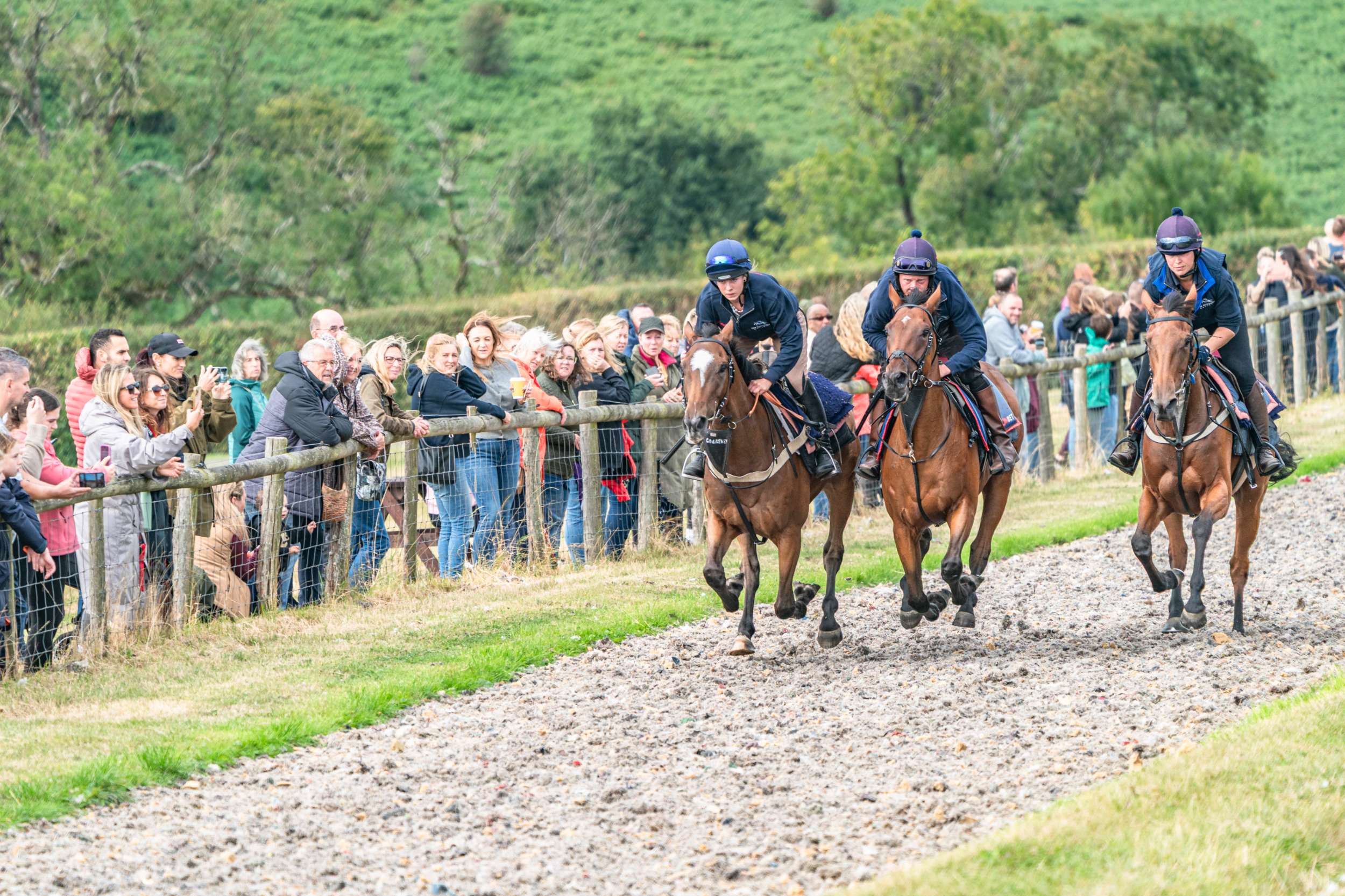 Three jockeys racing horses on a gravel track with spectators