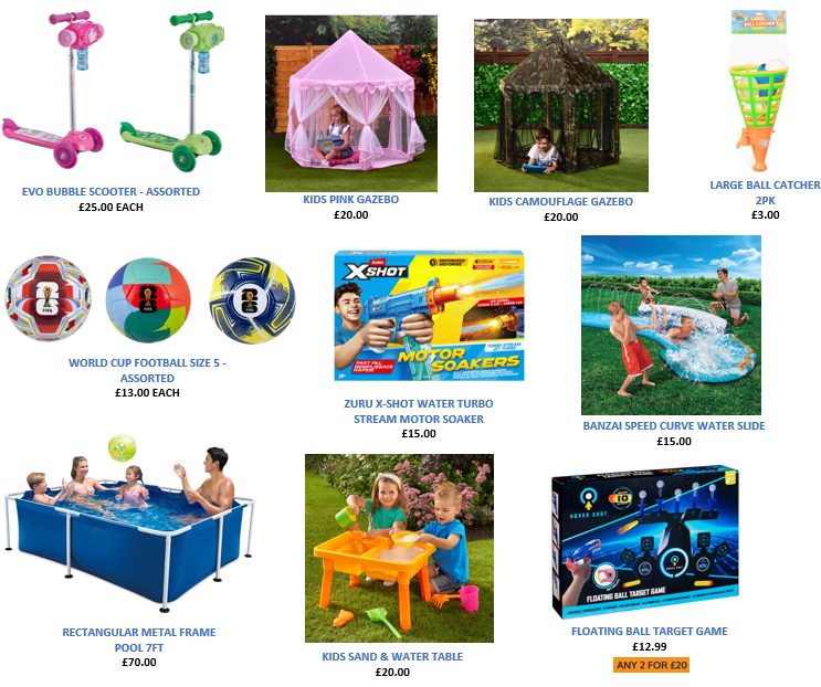Assorted kids outdoor toys including gazebos and water games