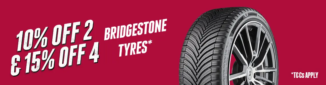 Bridgestone tire on red background with discount offer