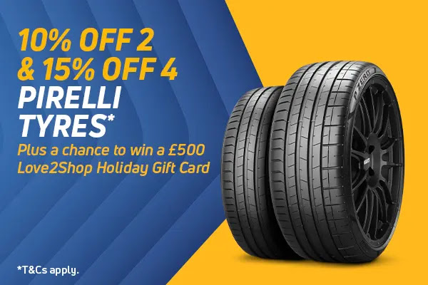 Two new Pirelli tyres against blue and yellow background