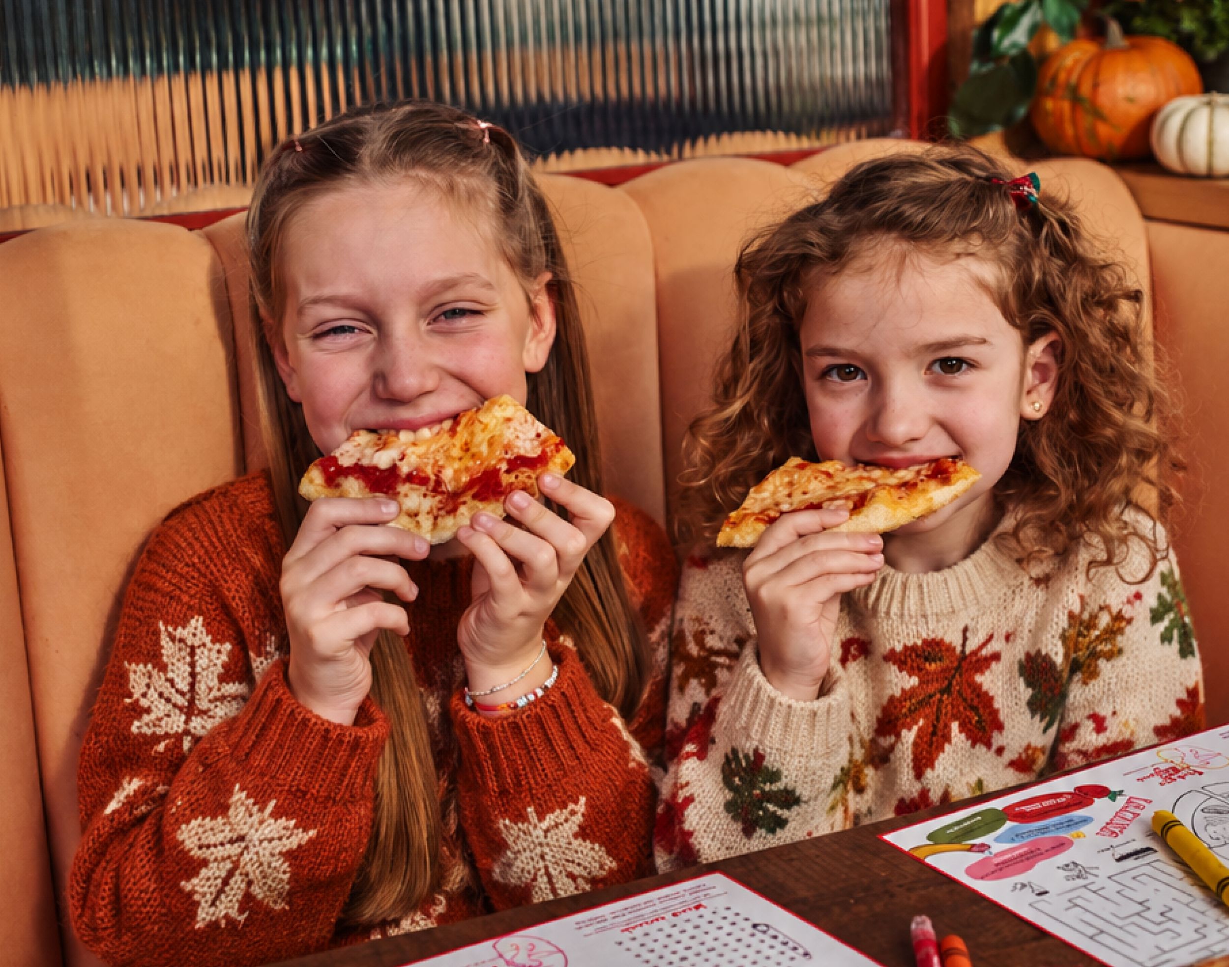 Two young girls in autumn jumpers enjoying slices of pizza