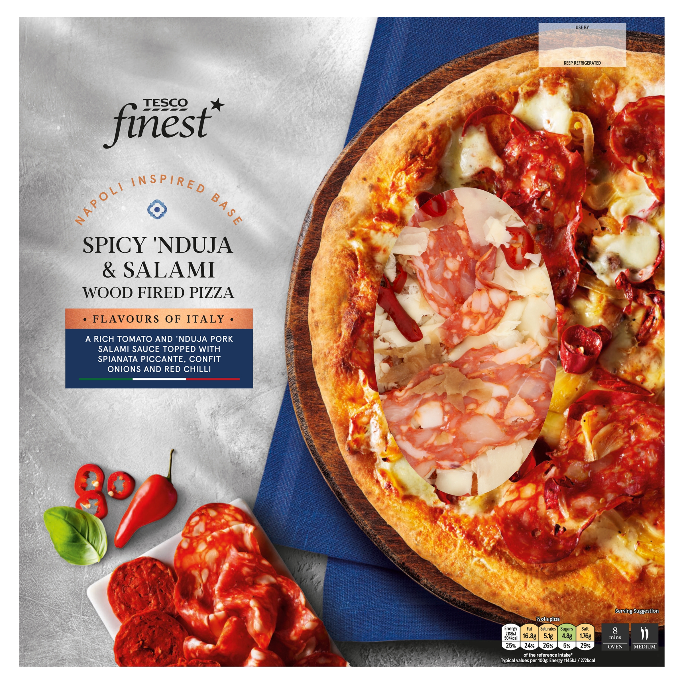Tesco wood-fired pizza with spicy 'nduja, salami, and cheese