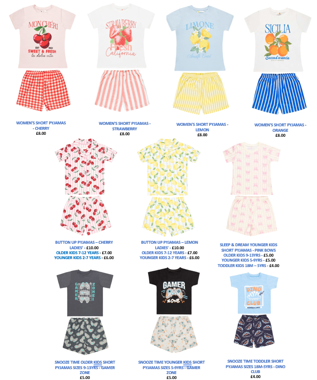 Colorful assortment of patterned pyjama sets on display