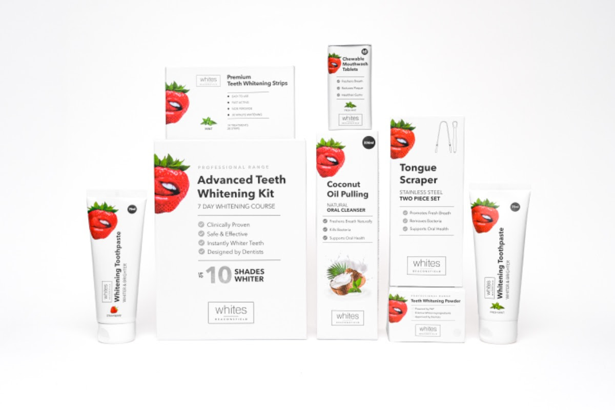 Advanced teeth whitening kit with various products displayed