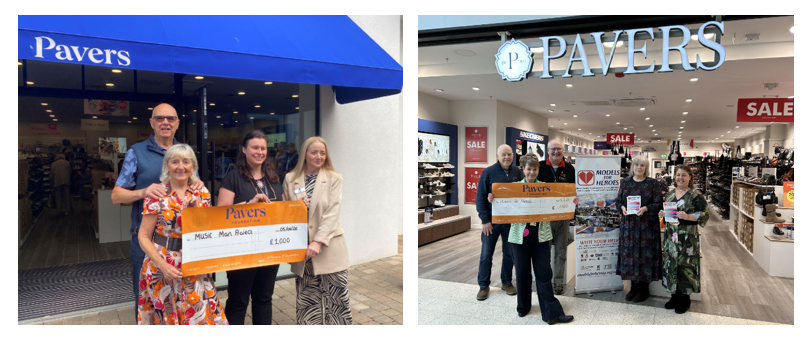 Group holding large charity cheque outside and inside shoe store