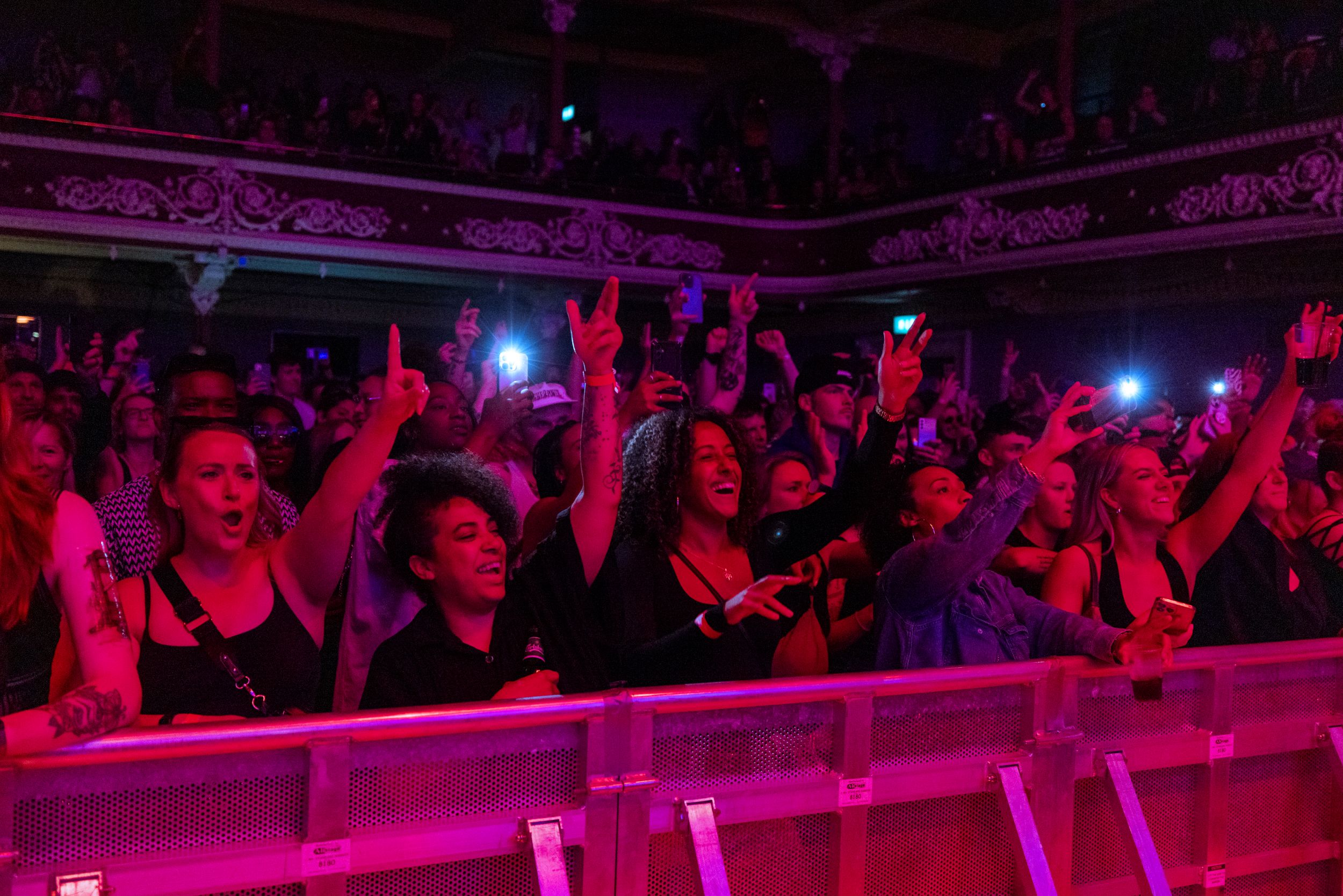 Energetic crowd enjoying live music concert in theater