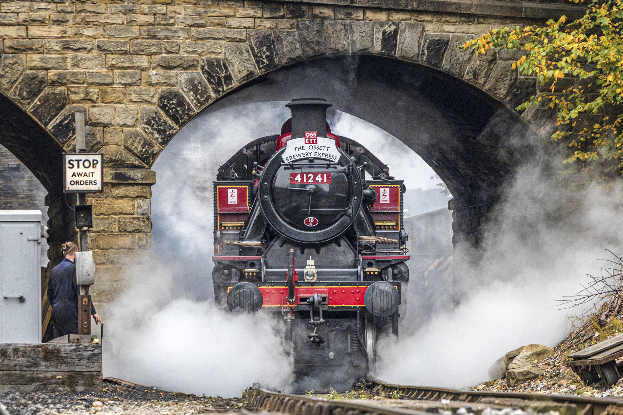 Steam locomotive under stone bridge with autumn foliage