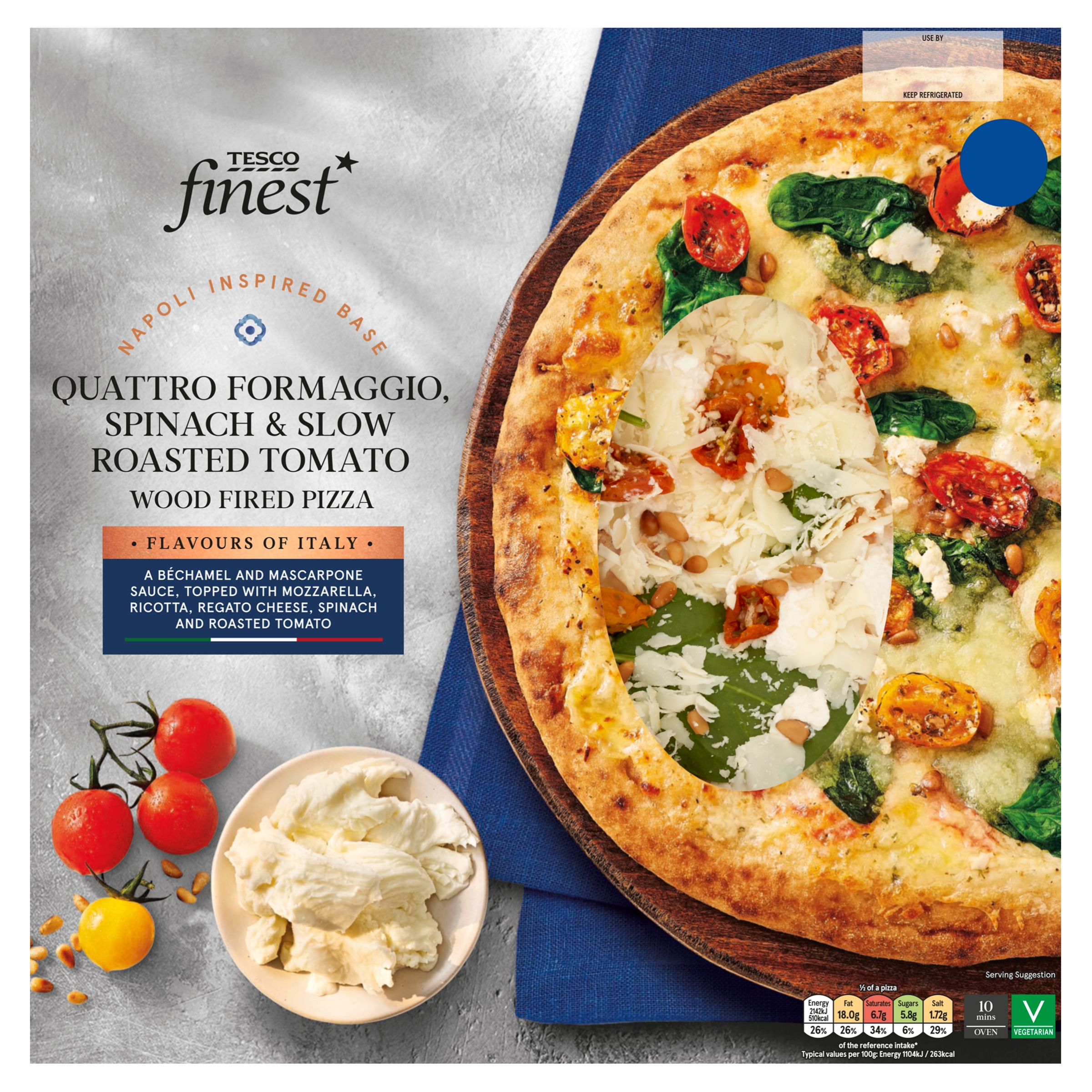 Tesco Finest wood-fired pizza with quattro formaggio, spinach, and roasted tomatoes