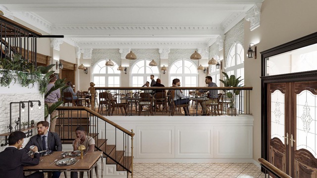 Elegant café with large arched windows and patrons dining