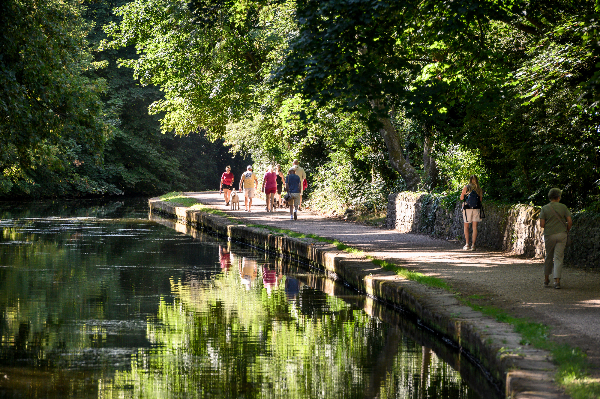 Scenic canal towpath in Yorkshire with people walking and lush greenery