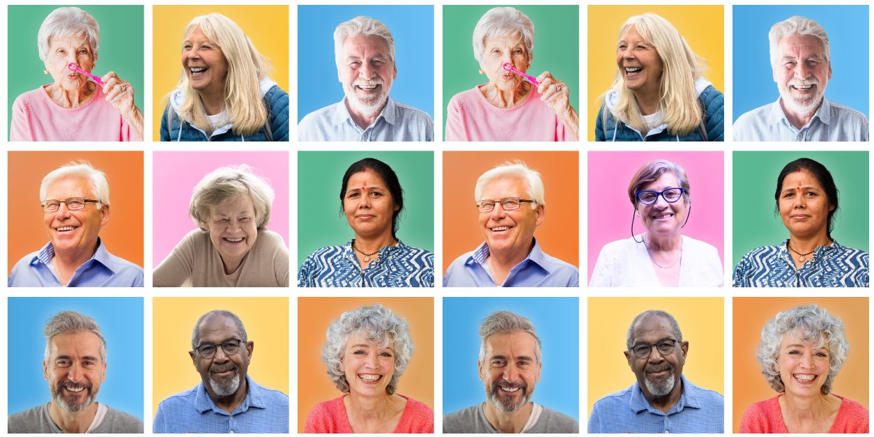 Smiling elderly people against colourful backgrounds