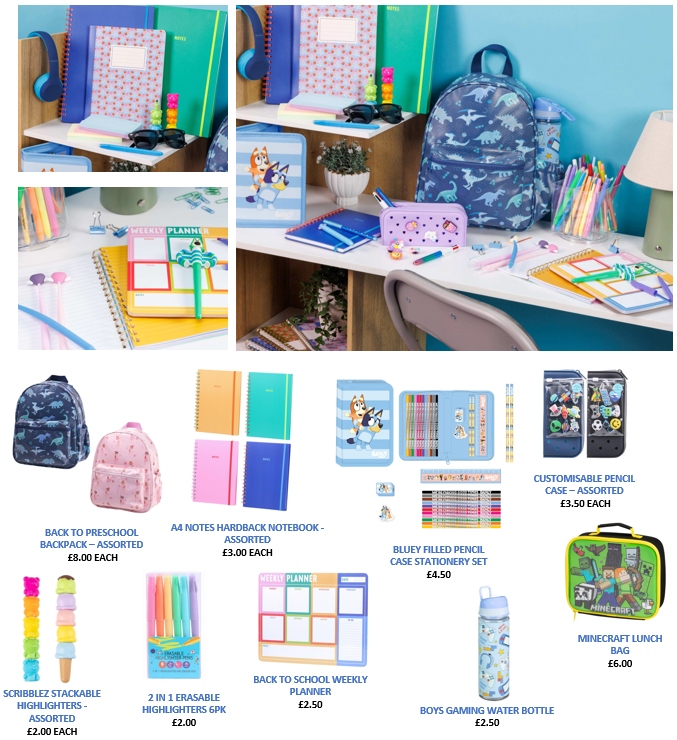 Organised desk with school supplies, notebooks, and blue backpack