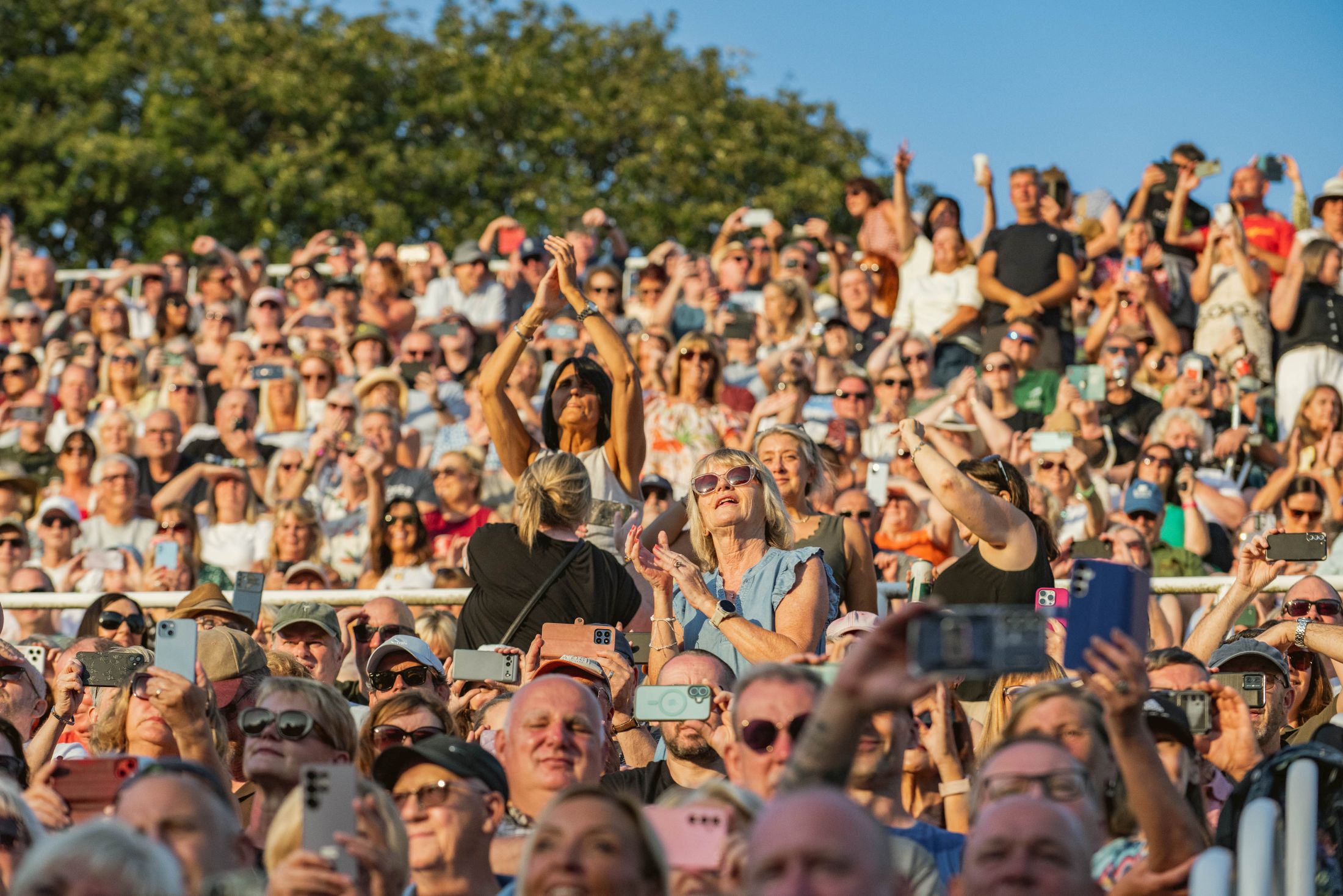 Crowd of people enjoying outdoor concert on sunny day